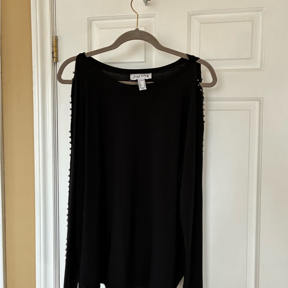 Joseph Ribkoff Black Cold-Shoulder Long Sleeve Top with Stud Trim
